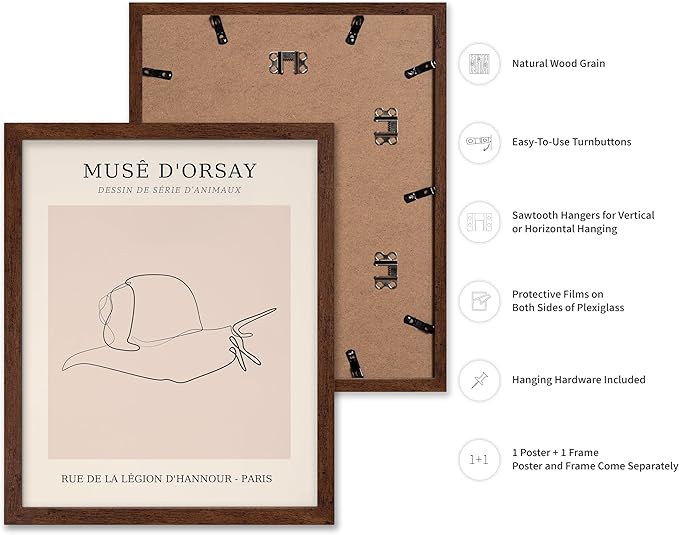 Poster Master Vintage Poster - Retro One Line Snail Drawing Print - Snail Line Art - Minimal Gift for Men, Women, Animal Lover - Abstract Wall Decor for Home, Office, 16x20 Brown Framed