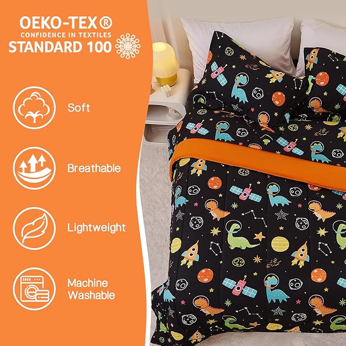 Space Dinosaur Kids Comforter Set for Boys Full Size, Cute Reversible Quilted Black Printed Bedding Set with Pillow Sham, Lightweight Soft Breathable Washable Bed Set 3 Piece