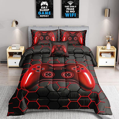 6 Pieces Bed in A Bag Gamer Bedding Set for Boys Kids Adult Gaming Comforters Set,Boys Bed in A Bag Set Queen Size Comforter with Fitted Sheet Flat Sheet Pillowcase pillowsham,DJTH5027Queen