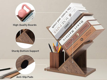 Labcosi 2 Tier Tree Bookshelf, Small Bookshelf for Storing Books/CDs, Wood Book Organizer Shelves for Home Office, Bedroom, Living Room, Rustic Brown