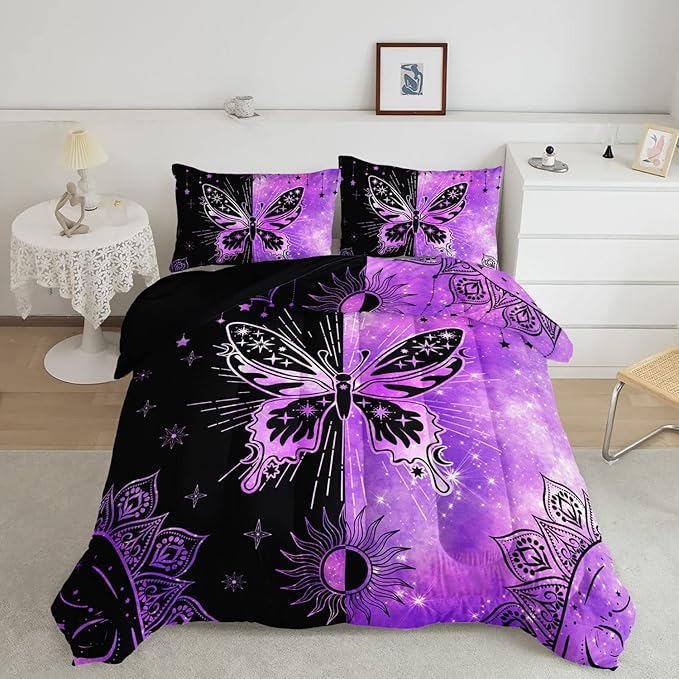 Datura home Black Purple Butterfly Comforter Set for Girls Women,Boho Butterfly Sun and Moon Mandala Printed Bedding Set with 2 Pillowcases(Black Purple Queen)