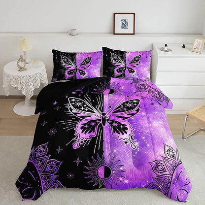 Datura home Black Purple Butterfly Comforter Set for Girls Women,Boho Butterfly Sun and Moon Mandala Printed Bedding Set with 2 Pillowcases(Black Purple Queen)