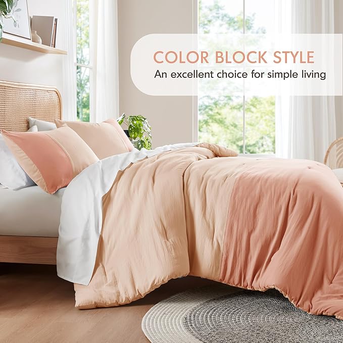 Pink Twin Comforter Set - Modern Soft Farmhouse Bedding for Teen Girls, Kids Colorblock Pattern Bed Sets for All Season, 2 Pieces includes 1 Comforter, 1 Sham (66"x 90")