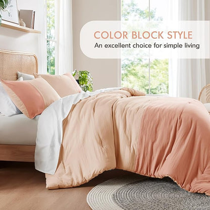 Pink Twin Comforter Set - Modern Soft Farmhouse Bedding for Teen Girls, Kids Colorblock Pattern Bed Sets for All Season, 2 Pieces includes 1 Comforter, 1 Sham (66"x 90")