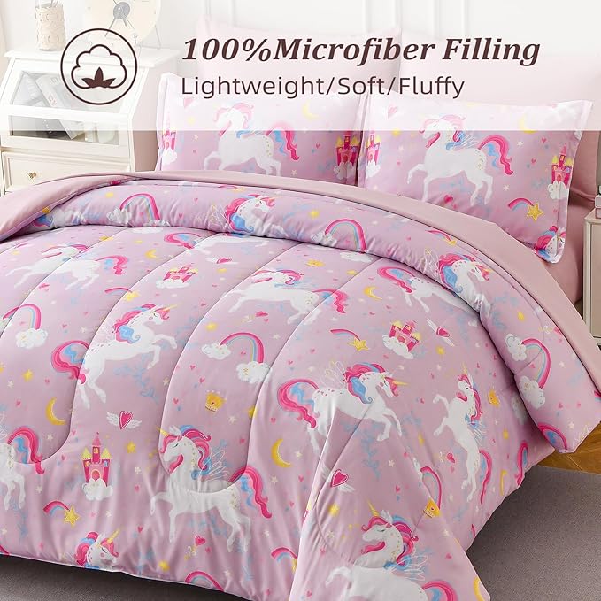 Queen Comforter Set for Girls, 7 Pieces Bed in a Bag with Shams, Sheet Set, Pink Unicorn Double Soft Microfiber Kids Comforter Bedding Set