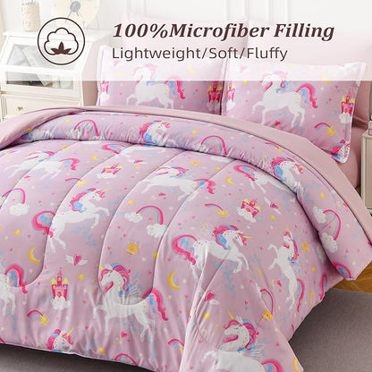 Kids Comforter Twin Bedding Sets for Girls, 6 Pieces Bed in a Bag with Shams, Sheet Set, Pink Unicorn Double Soft Microfiber Kids Comforter Bedding Set