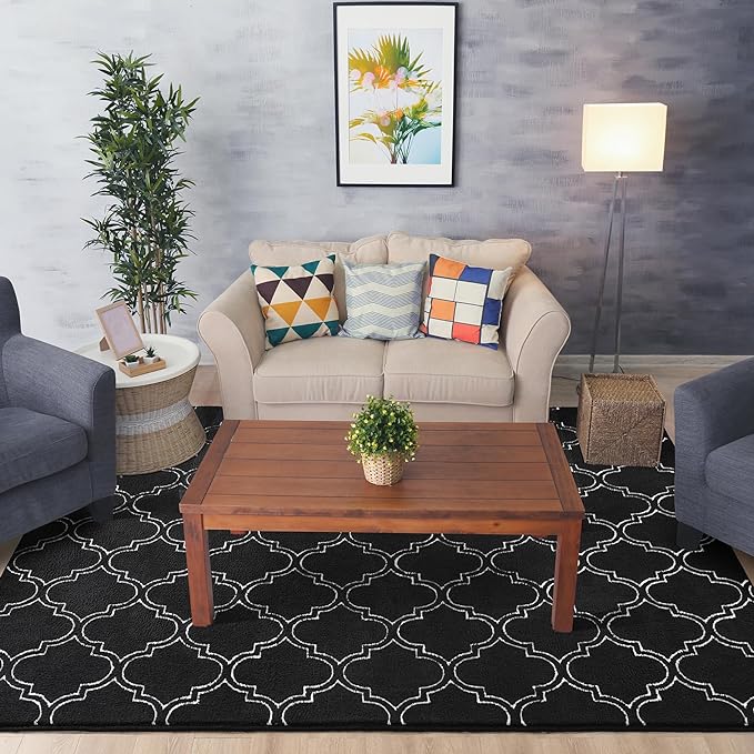 Chicrug Shag Geometric 6x9 Area Rug for Living Room, Large Modern Memory Foam Indoor Carpet, Fluffy Rug for Bedroom Bedside Room Decor for Family Girls Kids Nursery, Black/White
