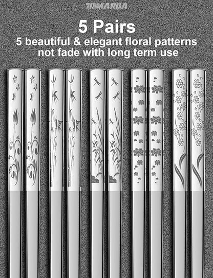 TINMARDA Metal Chopsticks Reusable 5 Pairs 18/8 Stainless Steel Chopstick Beautiful Engraving Patterns Dishwasher Safe Non-Slip Japanese Korean Chop Sticks Present Set