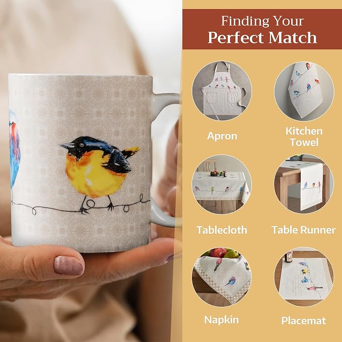Maison d' Hermine Coffee Mug with Handles Tea Cups (15 Ounce, Pack of 1) | Fine Bone China Coffee Mugs for Hot Beverages Cappuccino Latte Home Restaurant Spring Summer -Birdies on Wire - Nuthatch