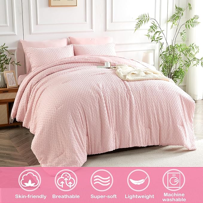 Twin Size Tufted Kids Comforter Set 6 Piece Pink Jacquard Tufts Embroidery Bedding Set for Girls Bed in A Bag Quilt with 1 Comforter, 1 Flat Sheet, 1 Fitted Sheet, 1 Pillowcase and 2 Pillow Sham