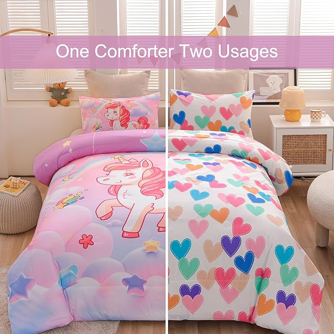 Aimuan Girls Unicorn Comforter Set 3 Pieces Pink Purple Bedding Set with Rainbow Star Galaxy Stars Fantasy Children Room Decor Soft Reversible Bed Sets for Boys/Girls/Teens (Pink Full3Pcs)