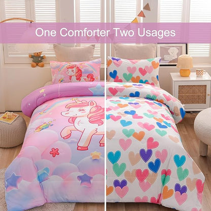 Aimuan Girls Unicorn Comforter Set 3 Pieces Pink Purple Bedding Set with Rainbow Star Galaxy Stars Fantasy Children Room Decor Soft Reversible Bed Sets for Boys/Girls/Teens (Pink Twin3Pcs)