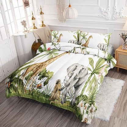 Elephant Giraffe Monkeys Comforter Twin Size,Wild Animals Kids Comforter Set,3Pcs Bedding Set Printed Comforter with 2 Pillowcases,Down Alternative,Soft and Lightweight,for All Seasons
