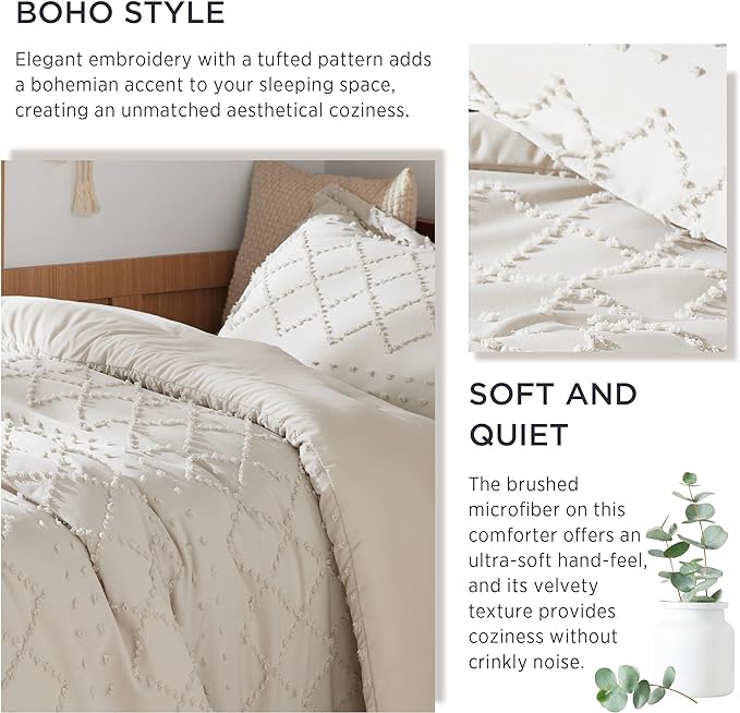 Bedsure Twin/Twin XL Comforter Set - Beige Boho Twin Extra Long Comforter Set for College, Shabby Chic Dorm Bedding Set, 2 Pieces Modern Farmhouse Bed Set, includes 1 Pillow Sham