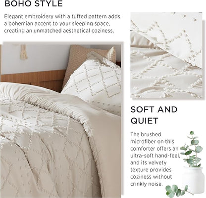 Bedsure Twin/Twin XL Comforter Set - Beige Boho Twin Extra Long Comforter Set for College, Shabby Chic Dorm Bedding Set, 2 Pieces Modern Farmhouse Bed Set, includes 1 Pillow Sham