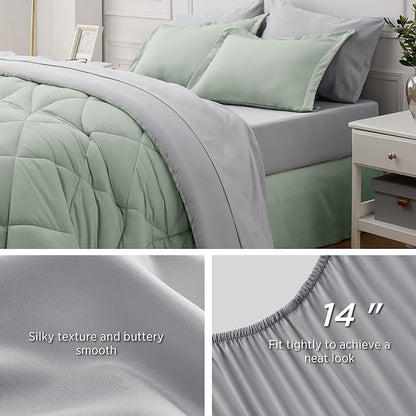 Bedsure Sage Green King Comforter Set - 7 Pieces Reversible Bed Set Sage Green Bed in a Bag King with Comforters, Sheets, Pillowcases & Shams, King Bedding Sets
