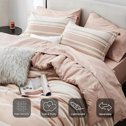 Bedsure Bed in a Bag Full Size 7 Pieces, Dusty Pink White Striped Bedding Comforter Sets All Season Bed Set, 2 Pillow Shams, Flat Sheet, Fitted Sheet and 2 Pillowcases