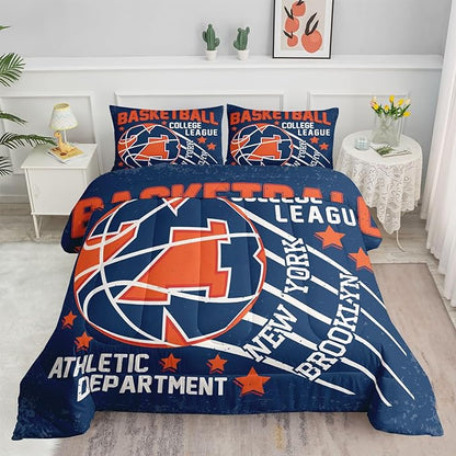 Datura home Basketball Comforter Sets for Boys Kids,Orange Blue Theme Basketball Championship American Style,Duvet 3Pcs in Quilt Sets with 1 Comforter and 2 Pillowcases(Orange Full)