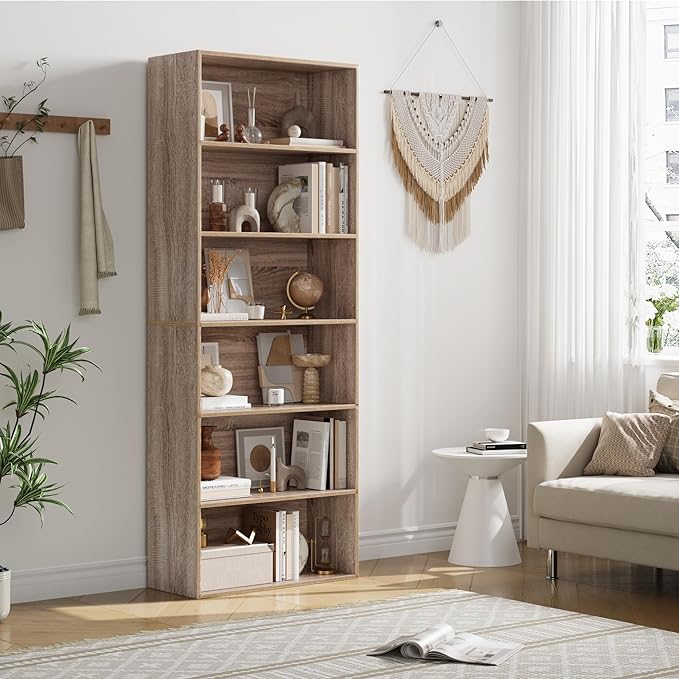 FOTOSOK 6-Tier Open Bookcase and Bookshelf, Freestanding Display Storage Shelves Tall Bookshelf Bookcase for Bedroom, Living Room and Office, Light Oak
