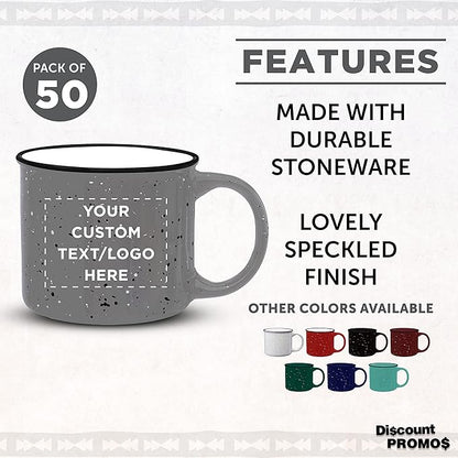 DISCOUNT PROMOS Custom Ceramic Campfire Coffee Mugs 13 oz. Set of 50, Personalized Bulk Pack - Perfect for Tea, Espresso, Cappuccino, Hot Cocoa - Grey