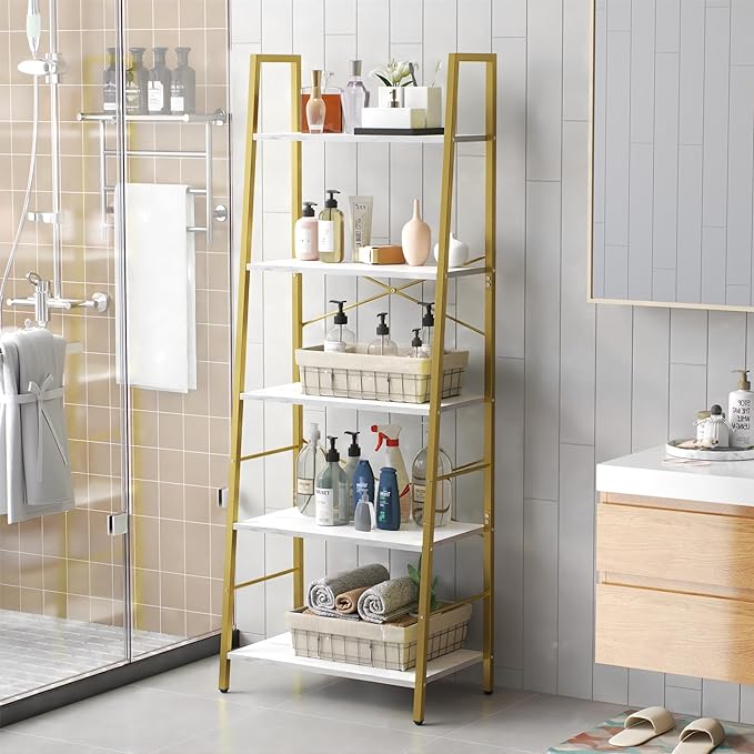 Yusong Ladder Shelf, 5-Tier Bookshelf Wood Bookcase for Living Room, Industrial Book Shelves, Tall Storage Display Rack Plant Stand for Bedoom, Home Office, Gold Metal Frame and White Marble Plank