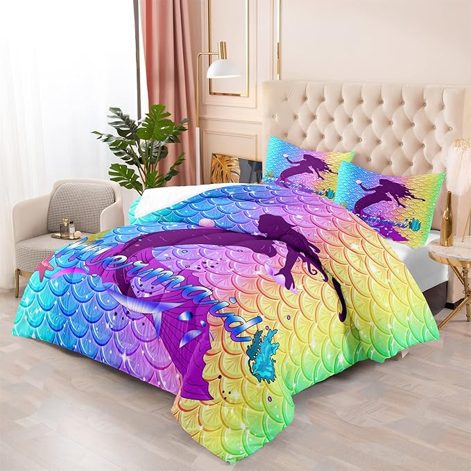 3Pcs Mermaid Comforter Set Queen Fish Scale Patterns Printed Queen Comforter Sets for Girls All Season Ultra Soft MIcrofiber Mermaid Bed Set Quilted Duvet with 2 Pillowcases, Queen Size