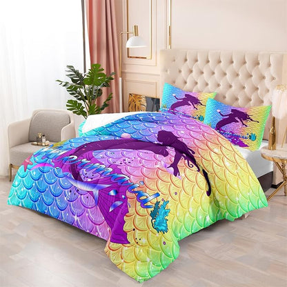3Pcs Mermaid Comforter Set Queen Fish Scale Patterns Printed Queen Comforter Sets for Girls All Season Ultra Soft MIcrofiber Mermaid Bed Set Quilted Duvet with 2 Pillowcases, Queen Size