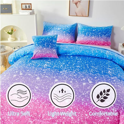 RYNGHIPY 6Pcs Sparkle Gradient Glitter Comforter Sets, Ombre Indigo Pink Gradient Bedding Set for Boys Girls, Rainbow Bed in A Bag Twin Size