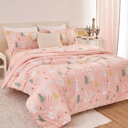 Pink Bunny Kids Comforter Set for Girls Twin, Cute Reversible Quilted Printed Woodland Bedding Set with Pillow Sham, Lightweight Soft Breathable Machine Washable Bed Set 2 Piece