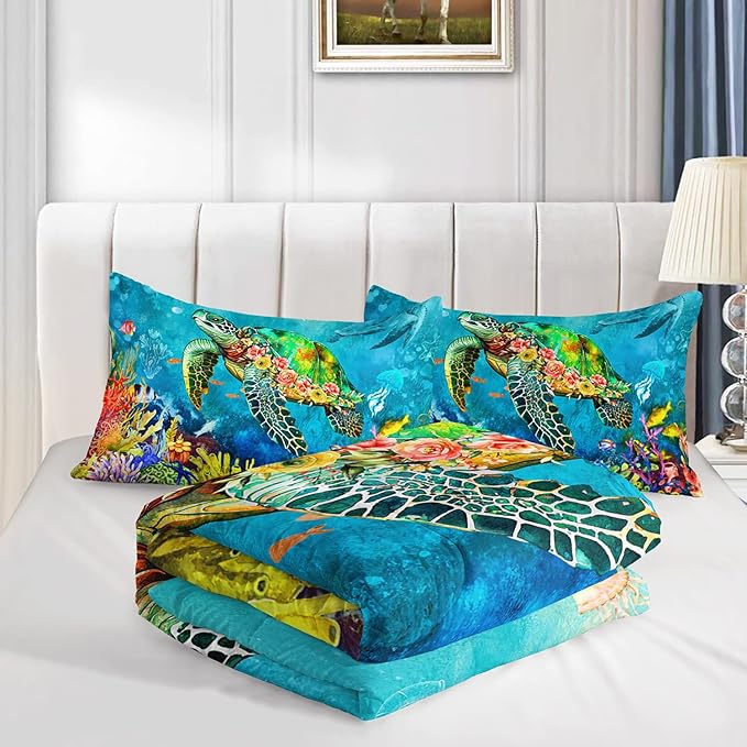Kids Turtle Rose Comforter Set Full Beach Theme Jellyfish Starfish Bedding Set Sea Animal Reptile Bed Set with 2 Pillowcases for Boys Girls Room Decor