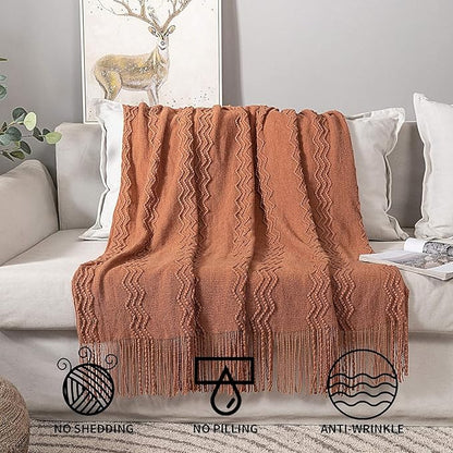 MIULEE Fall Orange Knitted Throw Blanket for Couch Boho Terracotta Rust Textured Cozy Woven Blanket with Tassels for Sofa Chair Bed Living Room Acrylic Wave Pattern 60"x80"