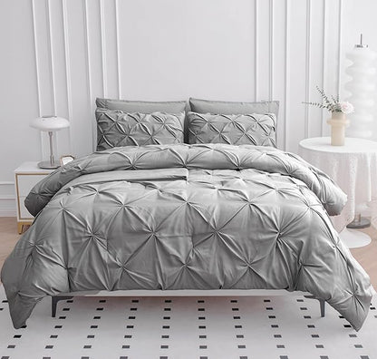 LANE LINEN Twin XL Comforter Set, 5 Piece Twin XL Bedding Set, Pintuck Twin XL Bed in a Bag, Twin XL Bed Set, Twin XL Bed Comforter Set with Sheets, Pillowcase & Sham, Bedding Comforter Sets - Silver