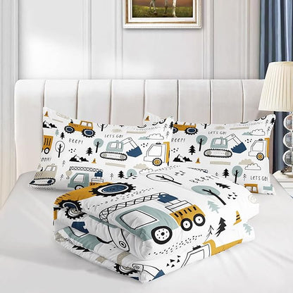 Datura home Kids Cartoon Excavator Bedding Comforter Sets for Boy and Girls,Construction Truck Bulldozer Tree Pattern Comforter Set with 2 Pillowcase and 1 Comforter(Excavator Full)