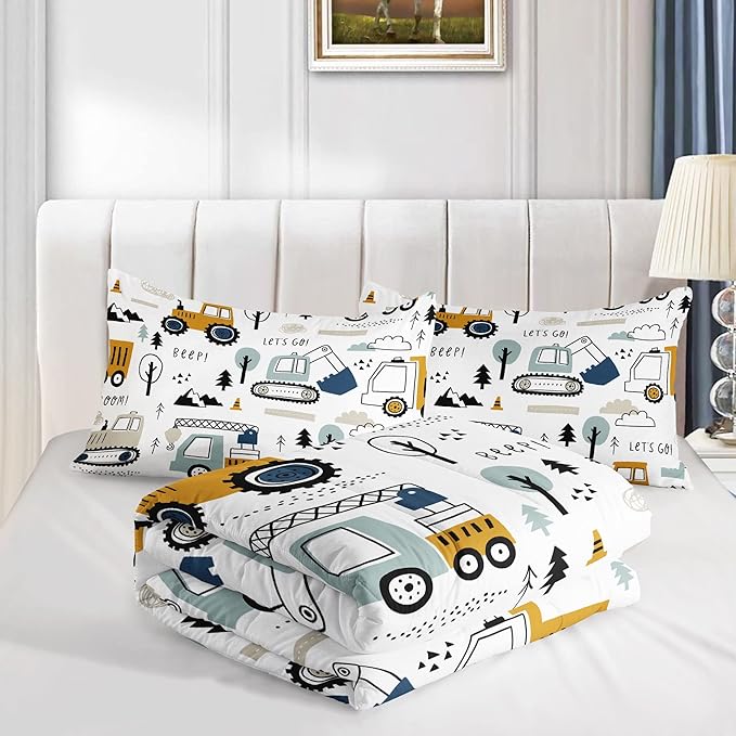 Kids Cartoon Excavator Bedding Comforter Sets for Boy and Girls,Construction Truck Bulldozer Tree Pattern Comforter Set with 2 Pillowcase and 1 Comforter(Excavator Twin)