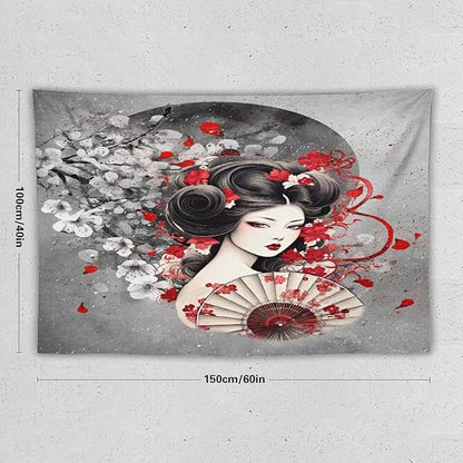 Japanese Geisha Tapestry Asian Red Cherry Blossom Red Sun Traditional Kimono Folk Tapestries Home Decor for Living Room Bedroom Apartment Farmhouse Dorm 60"x40"