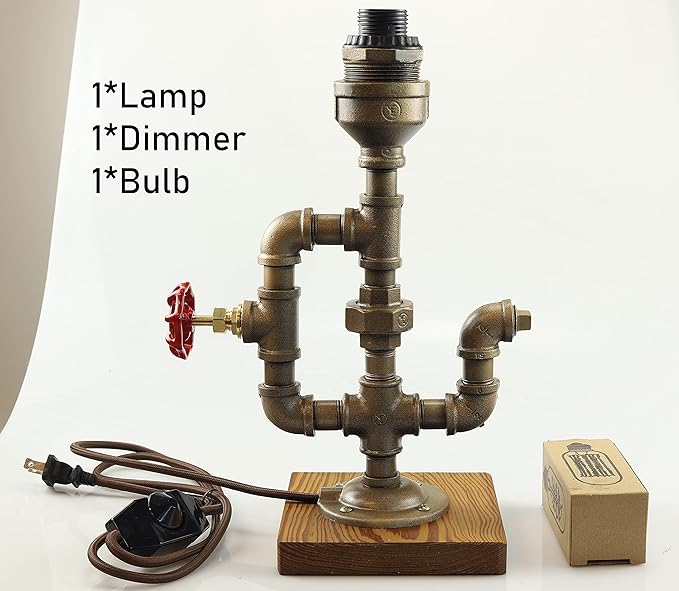 Steampunk Lamp with Dimmer, Dimmable Loft Style Industrial Vintage Antique Style Light with Bulb, Wood Base with Iron Piping Desk Lamp, Retro Desk Lamp LL-034
