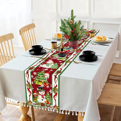 Christmas Table Runner 108 Inches Long Snowflake Buffalo Plaid Table Runner Christmas Theme Holiday Xmax Snowman Gnome Christmas Table Runner for Kitchen Dining Table Home Party Decorations