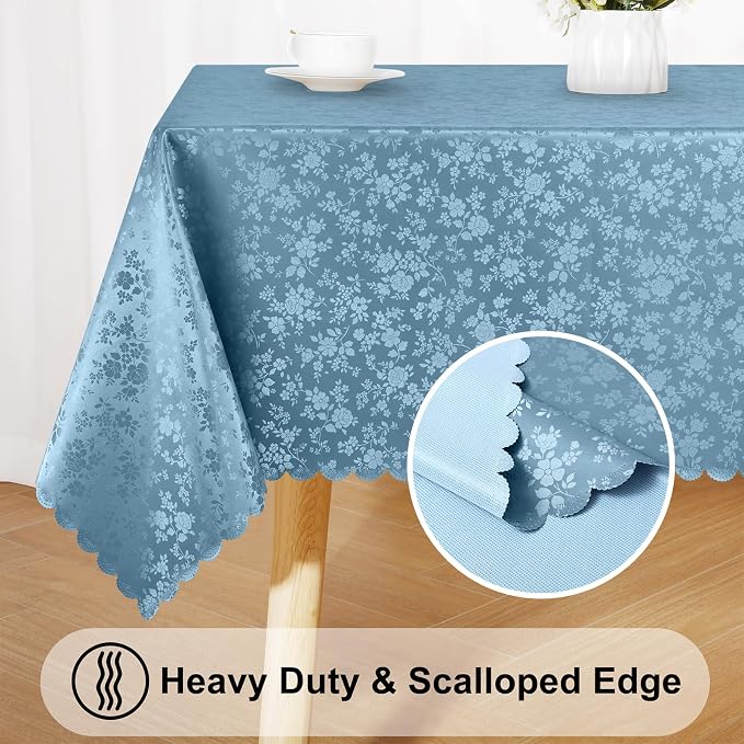 Smiry Round Waterproof Heavy Duty Vinyl Tablecloths, 60 x 60 Inch | Wipeable Washable Floral Embossed Table Cover for Kitchen and Dining Room, Indoor & Outdoor Use, Stone Blue