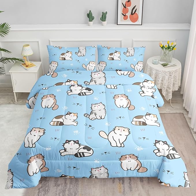 Datura home Blue Kawaii Cat Comforter Bedding Set for Girls Lovely Kitten Print Cute Animal Pattern with 1 and 2 Pillowcases Bedroom All Season(Cat Queen), Queen 90x90inches