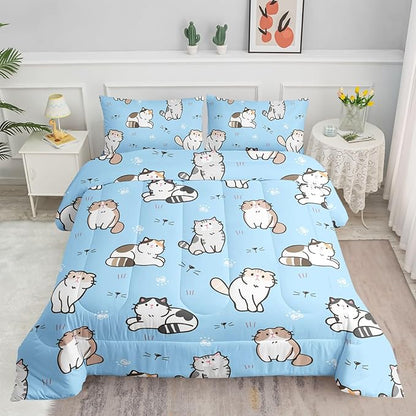 Datura home Blue Kawaii Cat Comforter Bedding Set for Girls Lovely Kitten Blue Print Cute Animal Pattern Bedding Set with 1 Comforter and 2 Pillowcases for Girls Bedroom All Season(Cat Blue Twin)