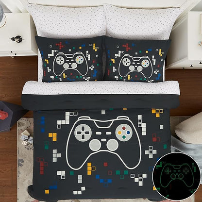 KALEIDOSPACE Gamer Bedding Sets for Boys Girls, Glow in The Dark 7 Piece Bed in a Bag Full, Ultra Soft Microfiber Kids Bedding for All Season (76"X86")