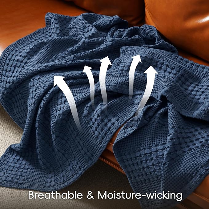 PHF 100% Cotton Waffle Weave Blanket King Size, Soft Lightweight Breathable Cozy Summer Blankets for Bed, Luxury Aesthetic Woven Bedding for Home Decor, 108"x90", Bright Navy Blue