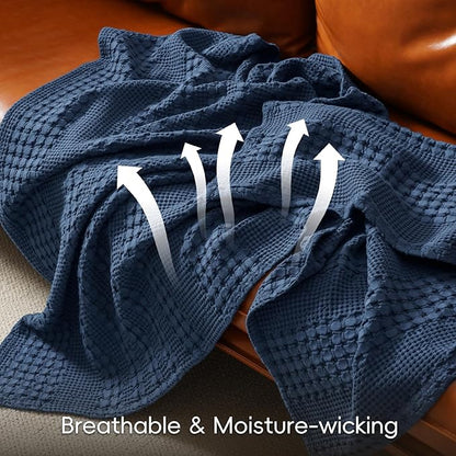 PHF 100% Cotton Waffle Weave Blanket King Size, Soft Lightweight Breathable Cozy Summer Blankets for Bed, Luxury Aesthetic Woven Bedding for Home Decor, 108"x90", Bright Navy Blue