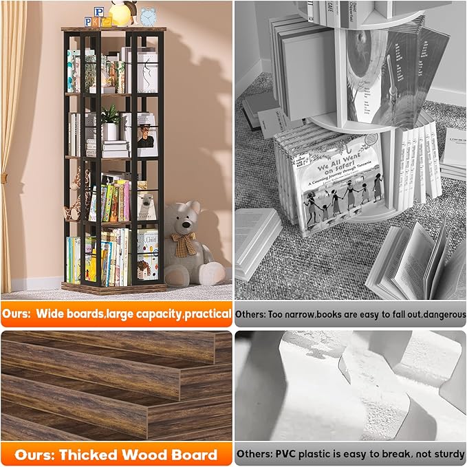 Aheaplus Rotating Bookshelf, Corner Bookshelf, 360 Display Wood Spinning Bookshelf, Floor Standing Bookcase Narrow Shelf Revolving Organizer Storage Rack for Small Space, Bedroom, Study Room