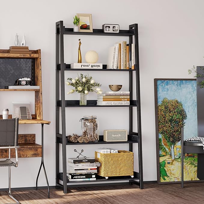 IRONCK Industrial Bookshelf 5-Tier 31.5in Wide, Bookcase Ladder Shelf, Storage Shelves Rack Shelf Unit, Accent Furniture Metal Frame, Home Office Furniture for Bathroom, Living Room