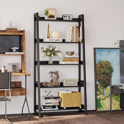 IRONCK Industrial Bookshelf 5-Tier 31.5in Wide, Bookcase Ladder Shelf, Storage Shelves Rack Shelf Unit, Accent Furniture Metal Frame, Home Office Furniture for Bathroom, Living Room