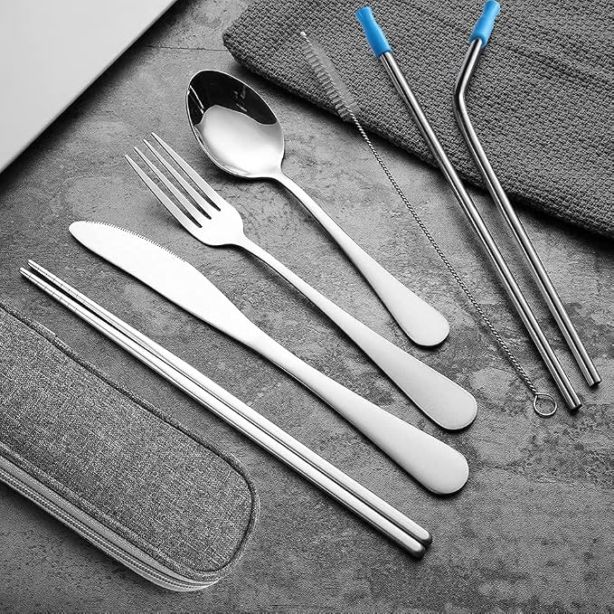 Travel Utensils Set with Case Reusable Portable Cutlery Set Stainless Steel 8pcs Including Dinner Knife Fork Spoon Chopsticks Straws(Silver)