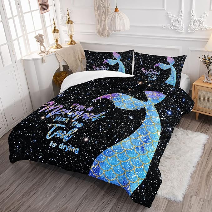 Datura home Bedding Comforter Set Black Starry Sky Mermaid Printed Pattern Quilt with 1 and 2 Pillowcases for Girls Bedroom All Season(Black Full) Full 80x90inches