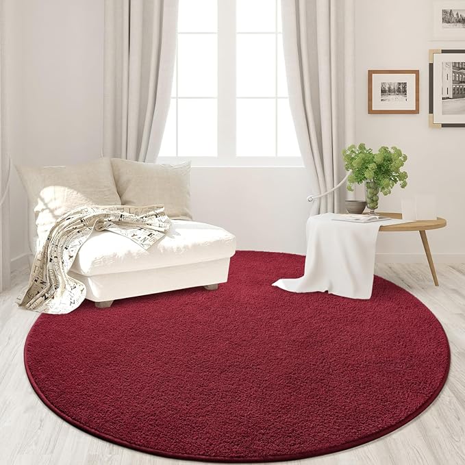 Round Area Rugs for Bedroom Living Room, 6x6 Rose Red Super Soft Comfy Thickened Memory-Foam Indoor Circle Carpets, Modern Aesthetic Minimalist Carpet for Boys Girls Adults Nursery Home Décor