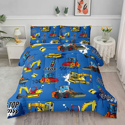 Axolotl Blue Excavator Bedding Queen,3Pcs Boys Construction Comforter Set,Cartoon Machinery Truck Bedding Set for Boys Kids Children Teens Bedroom Decor Cars Quilt Set with 1 Comforter 2 Pillowcase